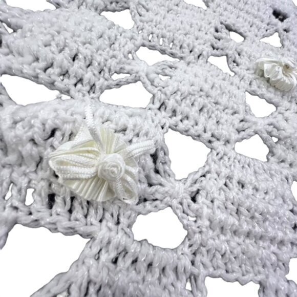 WHITE Crochet Knit Throw Blanket Afghan Gift Ribbon Florals 38 x 39" Cottagecore - Picture 3 of 10